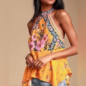 Free People New Wave Golden Yellow Print Halter Top